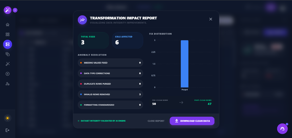 Real Datamagics Transformation Impact Report showing data integrity improvements and anomaly resolution