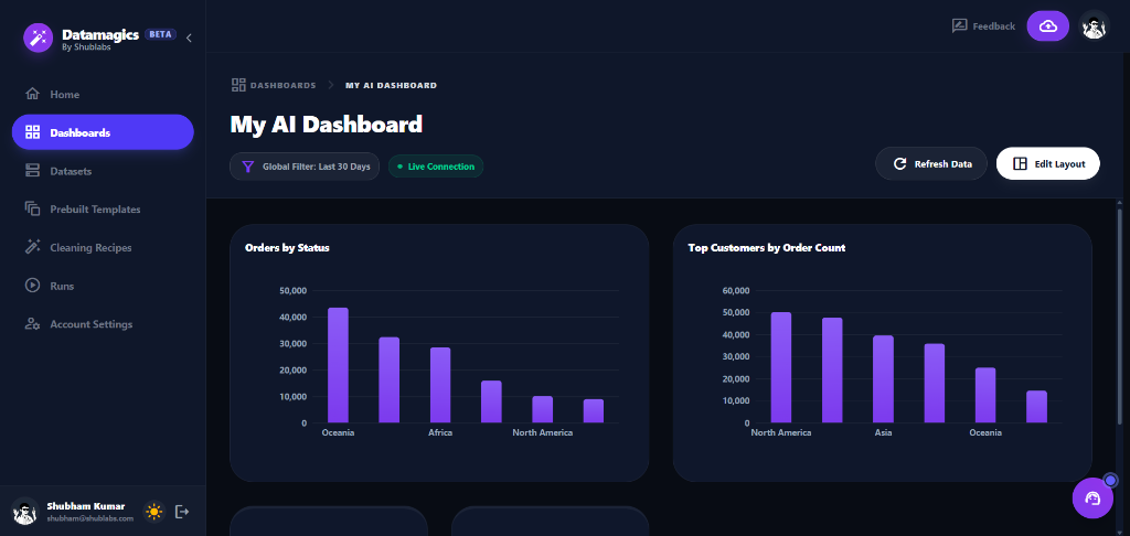 Datamagics AI Dashboard showing real-time visualization of cleaned data